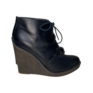 Kelsi Dagger Lace Up Wedge Black Leather Heels